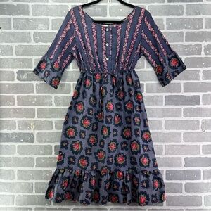 Vintage Berkliff Boho Floral Peasant Navy and Pink‎ Midi Dress Size Medium